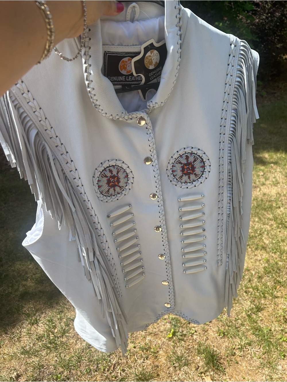 New Genuine Leather White Fringe Vest with Beadwork
